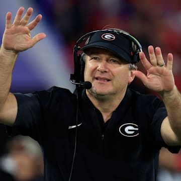Georgia Bulldogs head coach Kirby Smart tells the students section to calm down during the fourth quarter of an NCAA football game, Saturday, Nov. 1, 2025, at EverBank Stadium in Jacksonville, Fla. Georgia held off Florida 24-20. [Corey Perrine/Florida Times-Union]