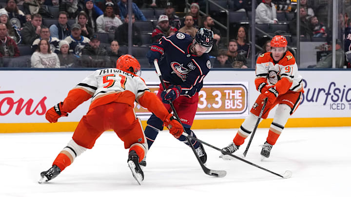 Blue Jackets center Adam Fantilli fires in the game-winning goal against the Anaheim Ducks earlier this week. 