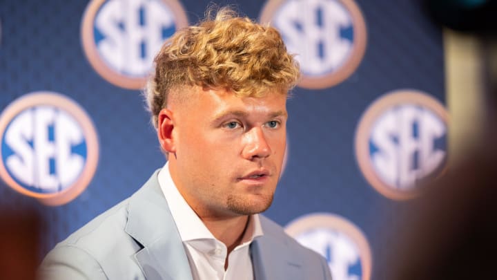 Jul 17, 2024; Dallas, TX, USA; Mississippi State quarterback Blake Shapen speaking at Omni Dallas Hotel. Mandatory Credit: Brett Patzke-USA TODAY Sports