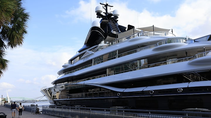 Jacksonville Jaguars owner Shad Khan's new megayacht, Kismet, is shown docked on the St. Johns River near the Hyatt Regency Jacksonville Riverfront on Monday, Nov. 11, 2024, in Jacksonville, Fla. Jacksonville Jaguars owner Shad Khan's new megayacht, Kismet, is shown docked on the St. Johns River near the Hyatt Regency Jacksonville Riverfront on Monday, Nov. 11, 2024, in Jacksonville, Fla.