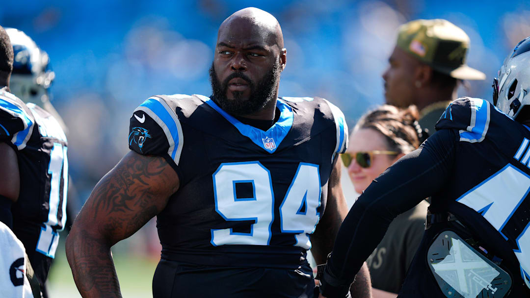 Nov 9, 2025; Charlotte, North Carolina, USA; Carolina Panthers defensive end A'Shawn Robinson (94) looks on before the game against the New Orleans Saints at Bank of America Stadium. Mandatory Credit: Jim Dedmon-Imagn Images