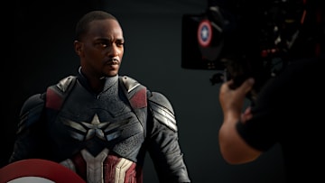 Anthony Mackie behind the scenes of Marvel Studios' CAPTAIN AMERICA: BRAVE NEW WORLD. Photo by Eli Adé. © 2024 MARVEL.