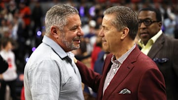 Feb 19, 2025; Auburn, Alabama, USA;  Auburn Tigers head coach Bruce Pearl and Arkansas Razorbacks head coach John Calipari talk before their game at Neville Arena. Mandatory Credit: John Reed-Imagn Images