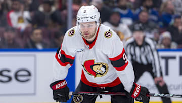 Dec 21, 2024; Vancouver, British Columbia, CAN; Ottawa Senators forward Josh Norris (9) during a stop in play against the Vancouver Canucks in the third period at Rogers Arena. Mandatory Credit: Bob Frid-Imagn Images