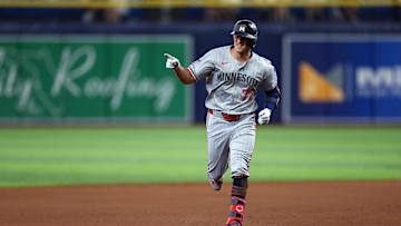 Sep 2, 2024; St. Petersburg, Florida, USA;  Minnesota Twins shortstop Brooks Lee (72) runs the bases after hitting a home run against the Tampa Bay Rays in the eighth inning at Tropicana Field.