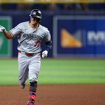 Sep 2, 2024; St. Petersburg, Florida, USA;  Minnesota Twins shortstop Brooks Lee (72) runs the bases after hitting a home run against the Tampa Bay Rays in the eighth inning at Tropicana Field.