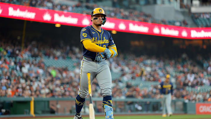 Apr 21, 2025; San Francisco, California, USA; Milwaukee Brewers catcher William Contreras (24) draws a walk during the first inning against the San Francisco Giants at Oracle Park. Mandatory Credit: Sergio Estrada-Imagn Images