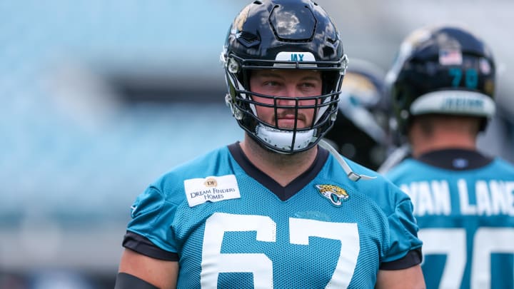 Jun 13, 2023; Jacksonville Jaguars offensive tackle Chandler Brewer (67) participates in mini camp practice