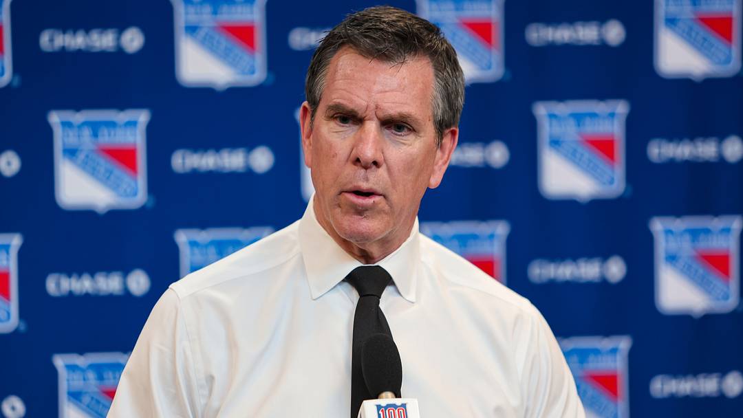 Apr 5, 2026; New York, New York, USA; New York Rangers head coach Mike Sullivan speaks to reporters after an 8-1 win against the Washington Capitals at Madison Square Garden. Mandatory Credit: Danny Wild-Imagn Images