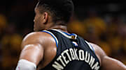 Apr 29, 2025; Indianapolis, Indiana, USA; Milwaukee Bucks forward Giannis Antetokounmpo (34) during game five of the first round for the 2024 NBA Playoffs against the Indiana Pacers at Gainbridge Fieldhouse. Mandatory Credit: Trevor Ruszkowski-Imagn Images