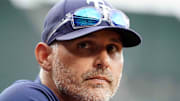 Sep 25, 2025; Baltimore, Maryland, USA; Tampa Bay Rays manager Kevin Cash (16) watches the game in the first inning against the Baltimore Orioles at Oriole Park at Camden Yards. 
