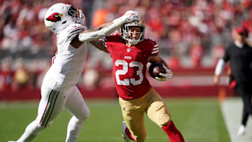 Oct 1, 2023; Santa Clara, California, USA; San Francisco 49ers running back Christian McCaffrey (23)