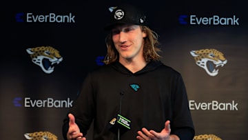 Jacksonville Jaguars quarterback Trevor Lawrence (16) speaks during a press conference at Miller Electric Center Wednesday, April 9, 2025 in Jacksonville, Fla. [Corey Perrine/Florida Times-Union]