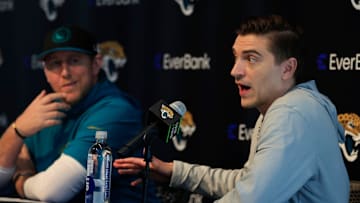 Jacksonville Jaguars general manager James Gladstone, right, speaks next to head coach Liam Coen during a press conference at Miller Electric Center Tuesday, April 15, 2025 in Jacksonville, Fla. [Corey Perrine/Florida Times-Union]