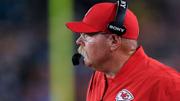 Kansas City Chiefs head coach Andy Reid looks on during the first quarter of an NFL football matchup at EverBank Stadium, Monday, Oct. 6, 2025, in Jacksonville, Fla. The Jacksonville Jaguars edged the Kansas City Chiefs 31-28. [Corey Perrine/Florida Times-Union]