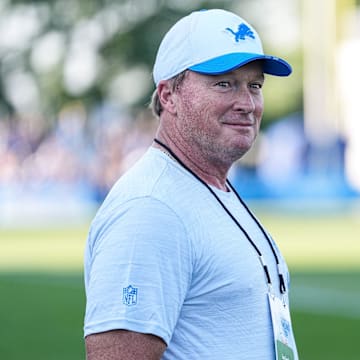 Jon Gruden watches practice during training camp at Meijer Performance Center in Allen Park on Monday, July 28, 2025.