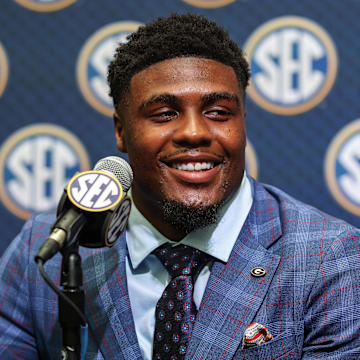 Jul 15, 2025; Atlanta, GA, USA; Georgia Bulldogs line backer CJ Allen answers questions from the media during SEC Media Days at Omni Atlanta Hotel. Mandatory Credit: Jordan Godfree-Imagn Images