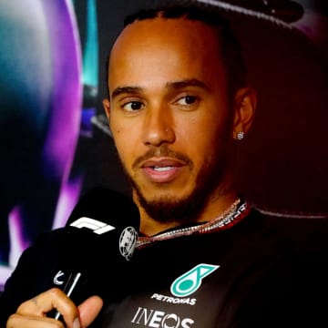 May 2, 2024; Miami Gardens, Florida, USA;  Mercedes driver Lewis Hamilton (44)  addresses the media in advance of the Miami Grand Prix at the Miami International Autodrome. Mandatory Credit: John David Mercer-USA TODAY Sports