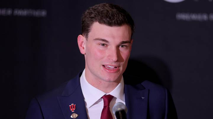 Dec 13, 2025; New York, NY, USA; Indiana Hoosiers quarterback Fernando Mendoza speaks to the media during a press conference at the New York Marriott Marquis before the presentation of the Heisman trophy. Mandatory Credit: Brad Penner-Imagn Images