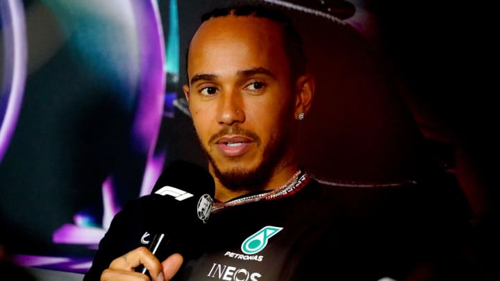 May 2, 2024; Miami Gardens, Florida, USA;  Mercedes driver Lewis Hamilton (44)  addresses the media in advance of the Miami Grand Prix at the Miami International Autodrome. Mandatory Credit: John David Mercer-USA TODAY Sports