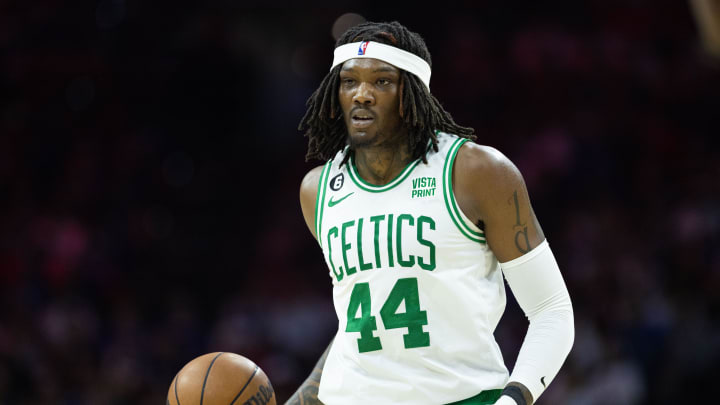 May 11, 2023; Philadelphia, Pennsylvania, USA; Boston Celtics center Robert Williams III (44) dribbles the ball up court against the Philadelphia 76ers during the third quarter in game six of the 2023 NBA playoffs at Wells Fargo Center.