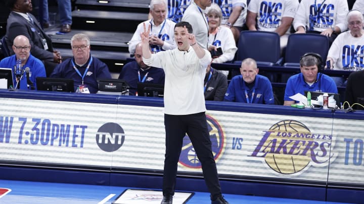 Apr 24, 2024; Oklahoma City, Oklahoma, USA; Oklahoma City Thunder head coach Mark Daigneault gestures to his team on a play against the New Orleans Pelicans during the second half of game two of the first round for the 2024 NBA playoffs at Paycom Center. Mandatory Credit: Alonzo Adams-USA TODAY Sports