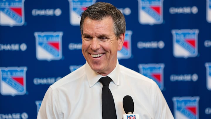 Apr 5, 2026; New York, New York, USA; New York Rangers head coach Mike Sullivan speaks to reporters after an 8-1 win against the Washington Capitals at Madison Square Garden. 