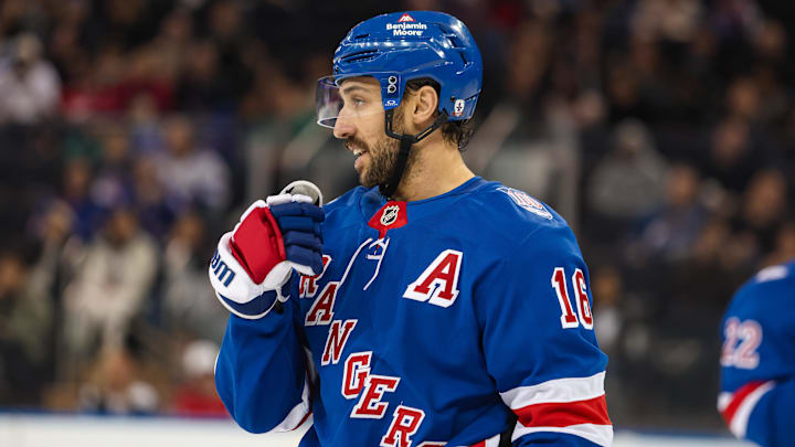 Apr 5, 2026; New York, New York, USA; New York Rangers center Vincent Trocheck (16) skates against the Washington Capitals during the second period at Madison Square Garden. 