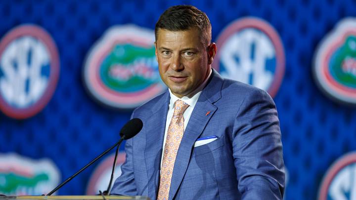 Jul 22, 2026; Tampa, FL, USA; Florida Gators head coach Jon Sumrall speaks to the press during SEC Football Kickoff Media Day at the Tampa Marriott. Mandatory Credit: Nathan Ray Seebeck-Imagn Images