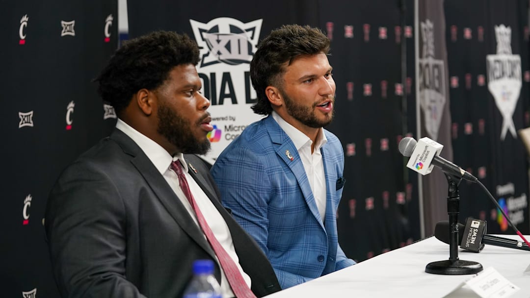 Jul 8, 2025; Frisco, TX, USA; Cincinnati defensive lineman Dontay Corleone and quarterback Brendan Sorsby answers questions from the media during 2025 Big 12 Football Media Days at The Star. Mandatory Credit: Raymond Carlin III-Imagn Images