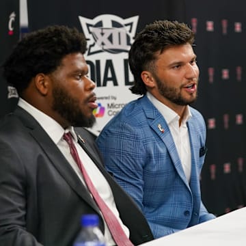 Jul 8, 2025; Frisco, TX, USA; Cincinnati defensive lineman Dontay Corleone and quarterback Brendan Sorsby answers questions from the media during 2025 Big 12 Football Media Days at The Star. Mandatory Credit: Raymond Carlin III-Imagn Images