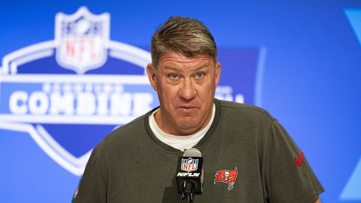 Tampa Bay Buccaneers general manager Jason Licht talks to the media at the 2024 NFL Combine.