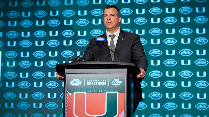 Jul 24, 2024; Charlotte, NC, USA;  Miami Hurricanes head coach Mario Cristobal speaks to the media during the ACC Kickoff at Hilton Charlotte Uptown. Mandatory Credit: Jim Dedmon-USA TODAY Sports