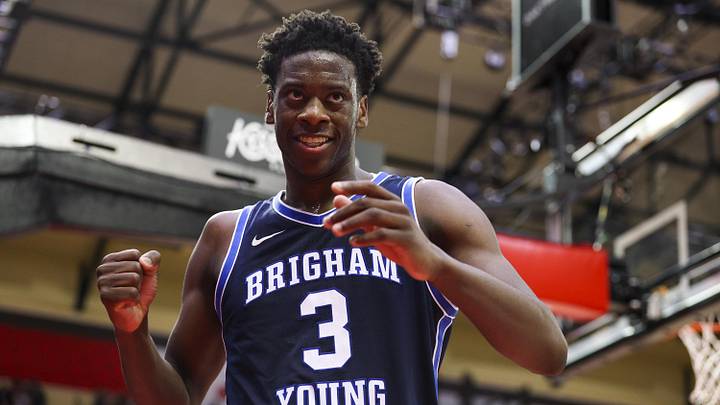 Nov 27, 2025; Kissimmee, Florida, USA; Brigham Young University Cougars forward AJ Dybantsa (3) reacts after play against the Miami (FL) Hurricanes in the second half  at State Farm Field House. Mandatory Credit: Nathan Ray Seebeck-Imagn Images