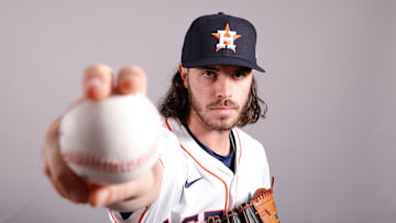 Feb 20, 2025; West Palm Beach, FL, USA;  Houston Astros pitcher Spencer Arrighetti (41) poses for a photo at the Houston Astros media day. Mandatory Credit: Reinhold Matay-Imagn Images