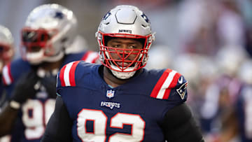Dec 15, 2024; Glendale, Arizona, USA; New England Patriots defensive tackle Davon Godchaux (92) against the Arizona Cardinals at State Farm Stadium. Mandatory Credit: Mark J. Rebilas-Imagn Images