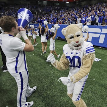 Dec 28, 2024; San Antonio, TX, USA; Brigham Young Cougars mascot Cosmo dances on the sideline during the fourth quarter of the game against the Colorado Buffaloes at Alamodome. Mandatory Credit: Troy Taormina-Imagn Images