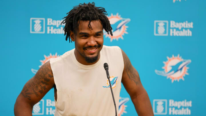 Jul 29, 2024; Miami Gardens, FL, USA; Miami Dolphins wide receiver Jaylen Waddle (17) talks to reporters during an interview after training camp at Baptist Health Training Complex.