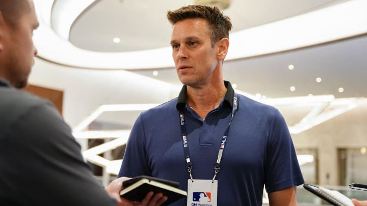 Seattle Mariners President of Baseball Operations Jerry Dipoto answers questions during the MLB GM Meetings on Nov. 8, 2022, at The Conrad Las Vegas.