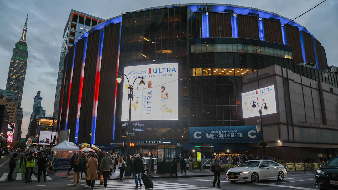 Oct 23, 2025; New York, New York, USA;  View out the outside of Madison Square Garden prior to the game between the San Jose Sharks and the New York Rangers. Mandatory Credit: Wendell Cruz-Imagn Images