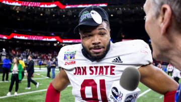 Dec 16, 2023; New Orleans, LA, USA;  Jacksonville State Gamecocks defensive lineman Chris Hardie (91) talks to the media after the game against the Louisiana-Lafayette Ragin Cajuns at the Caesars Superdome. Mandatory Credit: Stephen Lew-USA TODAY Sports