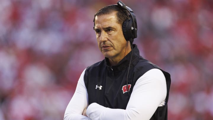 Oct 14, 2023; Madison, Wisconsin, USA;  Wisconsin Badgers head coach Luke  Fickell during the game against the Iowa Hawkeyes at Camp Randall Stadium. Mandatory Credit: Jeff Hanisch-USA TODAY Sports