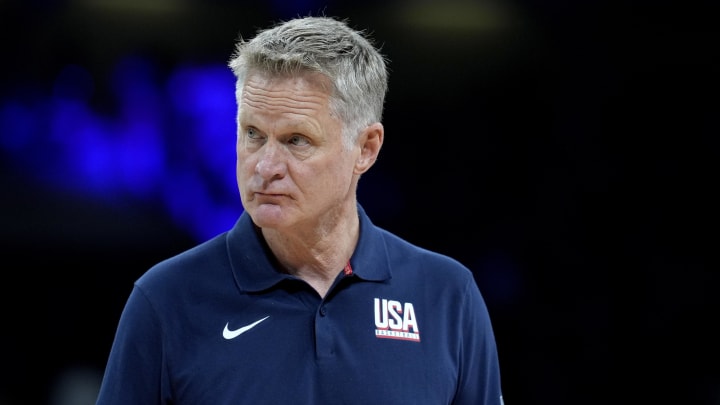 Jul 31, 2024; Villeneuve-d'Ascq, France; United States head coach Steve Kerr in the second quarter against South Sudan during the Paris 2024 Olympic Summer Games at Stade Pierre-Mauroy. Mandatory Credit: John David Mercer-USA TODAY Sports