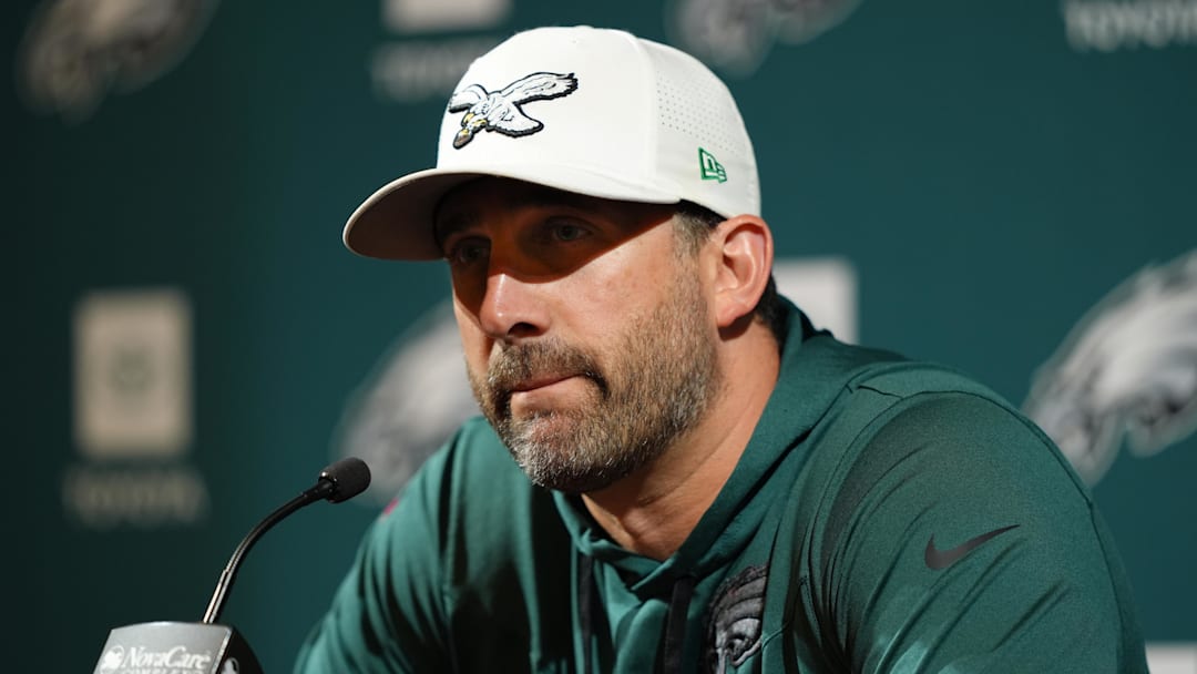 Jun 10, 2025; Philadelphia, PA, USA; Philadelphia Eagles head coach Nick Sirianni addresses media during a press conference at NovaCare Complex. Mandatory Credit: Kyle Ross-Imagn Images