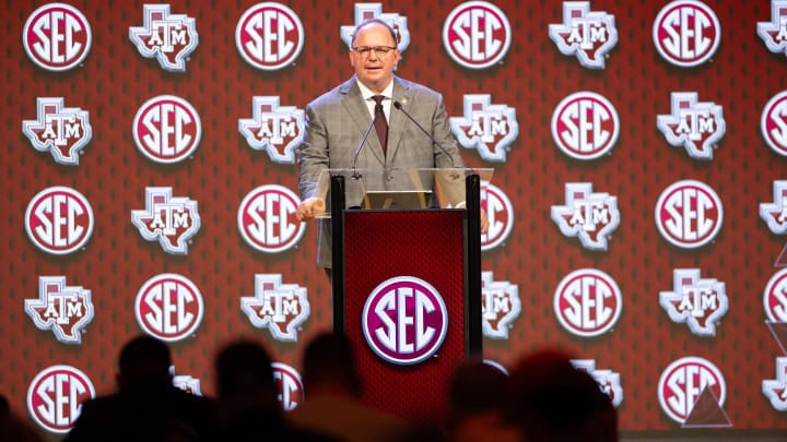 Jul 18, 2024; Dallas, TX, USA; Texas A&M head coach Mike Elko speaking at Omni Dallas Hotel. Mandatory Credit: Brett Patzke-USA TODAY Sports