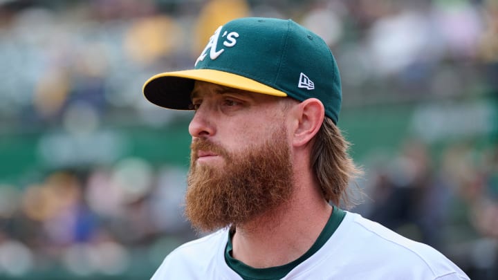 May 4, 2024; Oakland, California, USA; Oakland Athletics starting pitcher Paul Blackburn (58) before the game between the Oakland Athletics and the Miami Marlins at Oakland-Alameda County Coliseum.