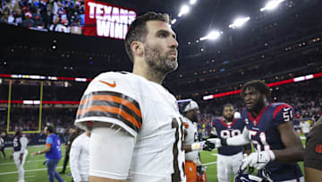 Jan 13, 2024; Houston, Texas, USA; Cleveland Browns quarterback Joe Flacco (15) on the field after a 2024 AFC wild card game against the Houston Texans at NRG Stadium. Mandatory Credit: Troy Taormina-Imagn Images