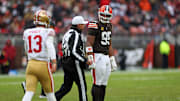 Nov 30, 2025; Cleveland, Ohio, USA;  Cleveland Browns defensive end Myles Garrett (95) reacts after a play against San Francisco 49ers quarterback Brock Purdy (13) during the second half at Huntington Bank Field. Mandatory Credit: Scott Galvin-Imagn Images