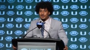 Jul 24, 2024; Charlotte, NC, USA;  Miami Hurricanes linebacker Francisco Mauigoa speaks to the media during the ACC Kickoff at Hilton Charlotte Uptown. Mandatory Credit: Jim Dedmon-USA TODAY Sports