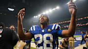 Oct 26, 2025; Indianapolis, Indiana, USA; Indianapolis Colts running back Jonathan Taylor (28) celebrates after the game against the Tennessee Titans at Lucas Oil Stadium. Mandatory Credit: Robert Goddin-Imagn Images